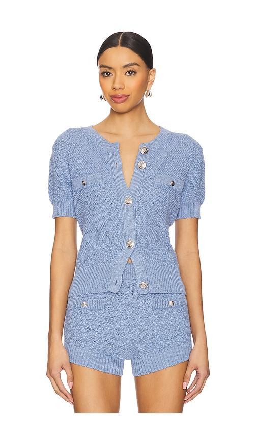 Central Park West Seed Stitch Short Sleeve Cardigan in Blue by CENTRAL PARK WEST