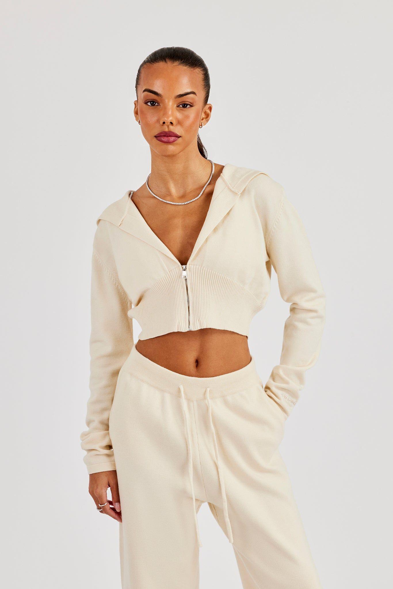 Cropped Knit Zip Hoodie - Cream by CERNUCCI