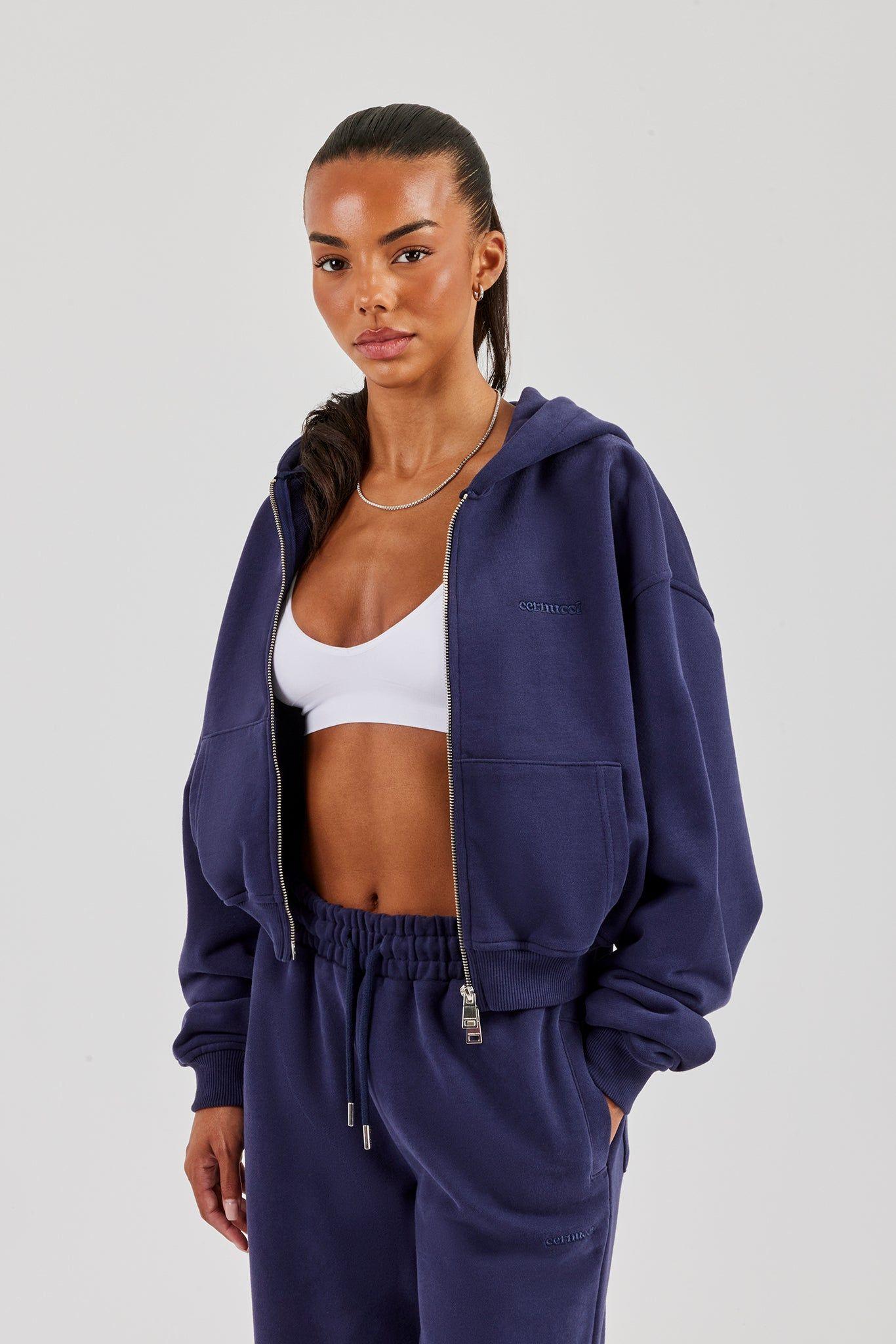 Cropped Zip Through Hoodie - Navy by CERNUCCI