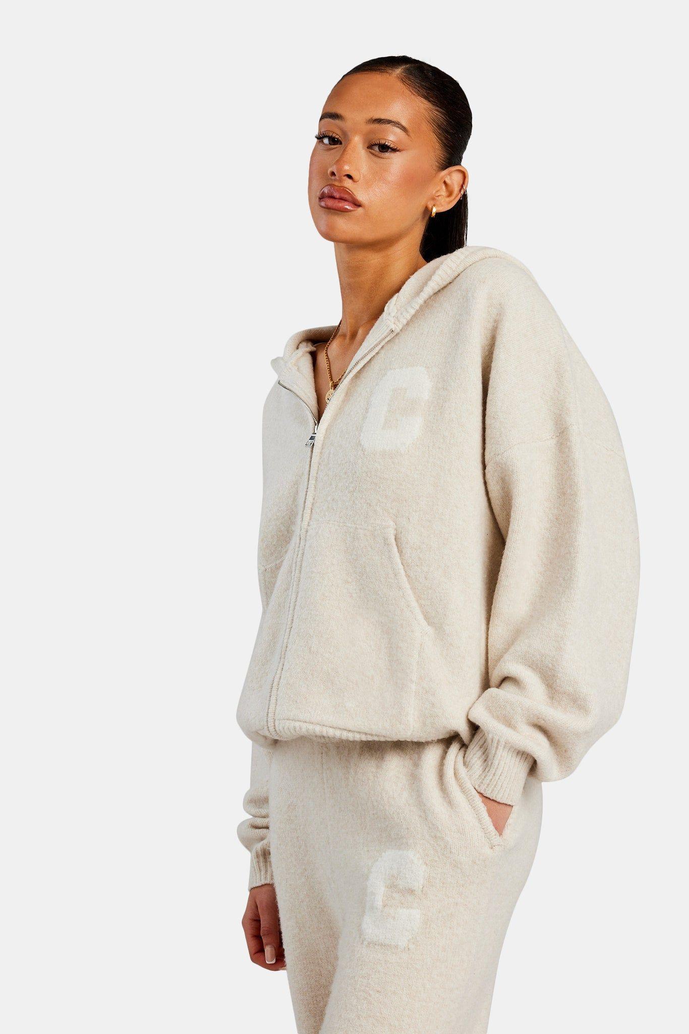 Hooded Zip Through Knitted Jumper - Oatmeal by CERNUCCI