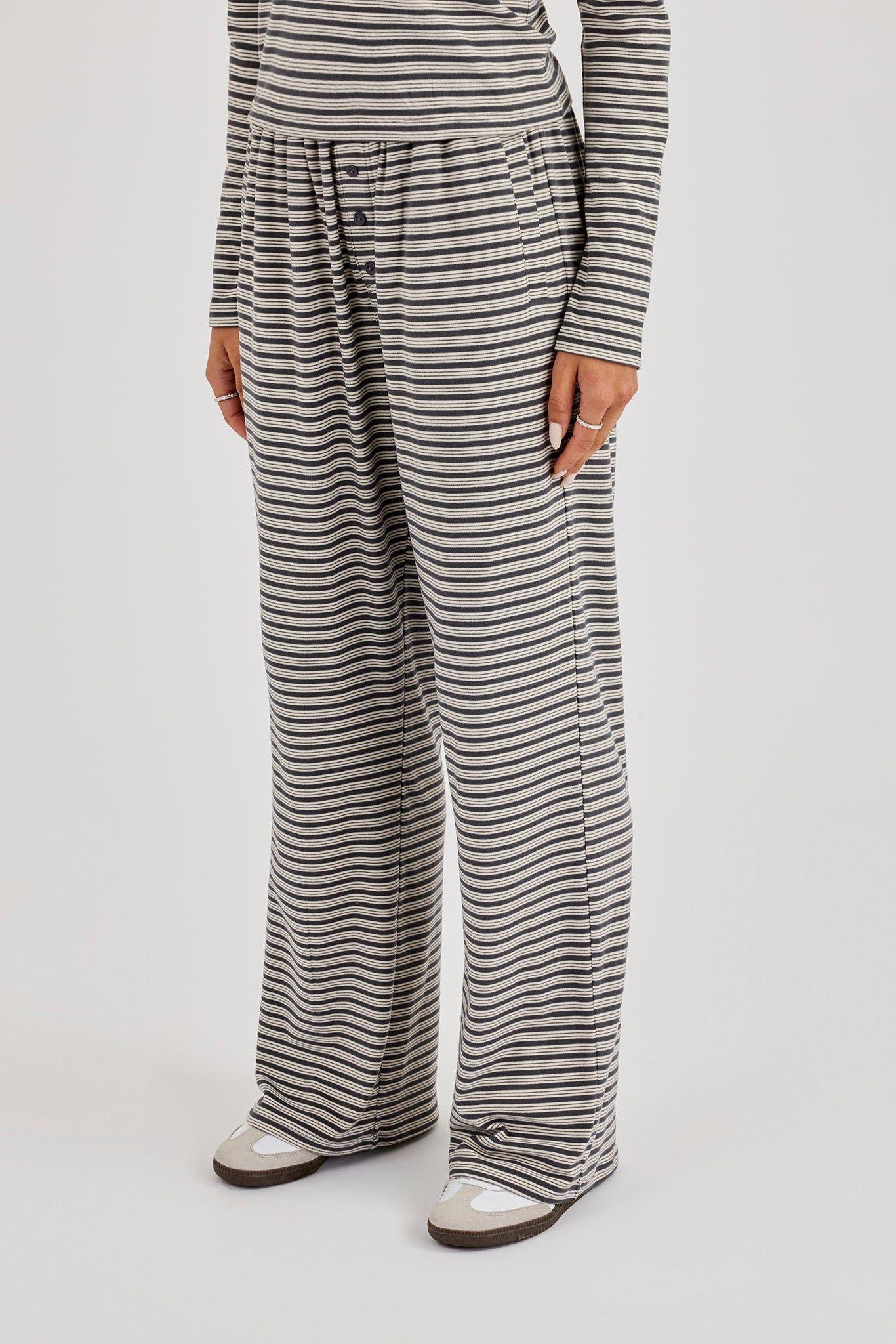 Stripe Soft Touch Button Detail Wide Leg Jogger - Grey by CERNUCCI