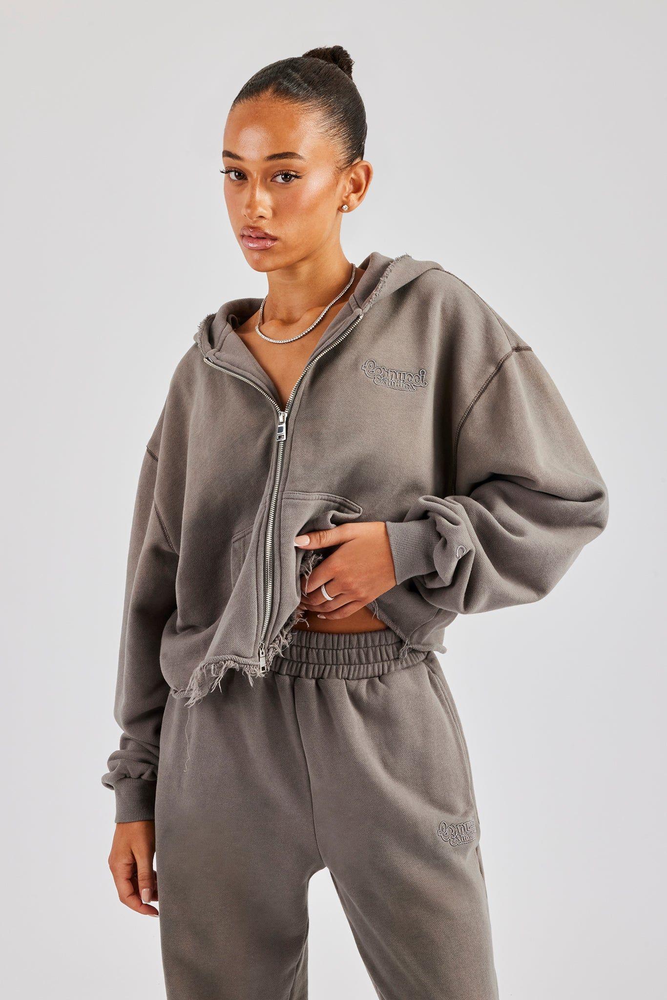 Washed Boxy Fit Zip Through Hoodie - Grey by CERNUCCI