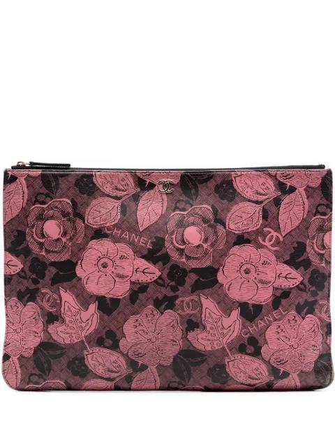 2018-2019 Large CC Quilted Calfskin Camellia Printed O Case clutch bag by CHANEL 