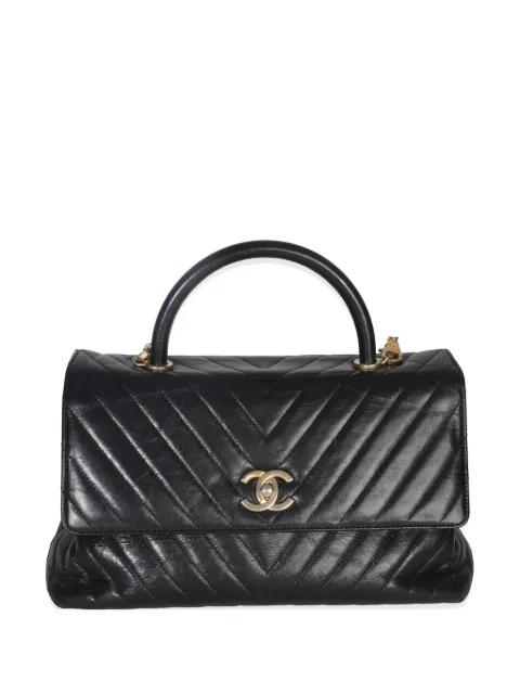 2018 large Black Chevron Aged Calfskin Coco top handle bag by CHANEL 