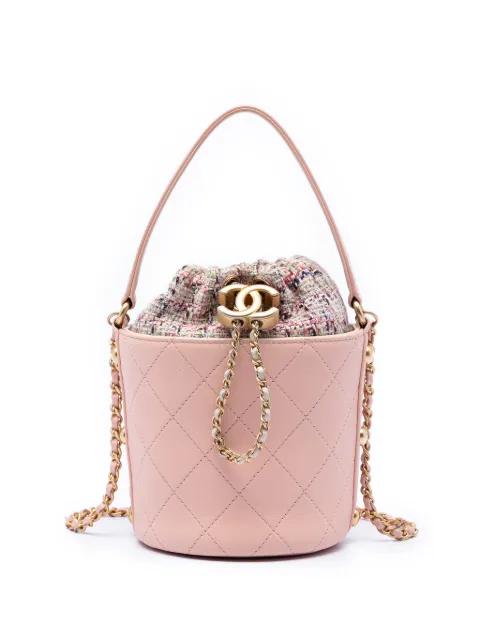 2019 Small CC Calfskin and Tweed Drawstring Bucket Bag satchel by CHANEL 