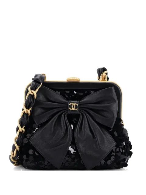 Bow Frame With Chain Sequin Embellished Tweed with Leather Mini clutch bag by CHANEL 