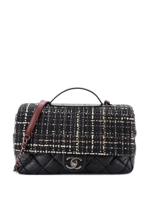 CC Top Handle Flap Bag Tweed and Quilted Aged Calfskin Medium shoulder bag by CHANEL 