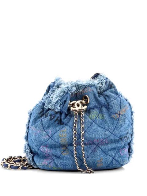 Denim Mood Chain Logo Printed Quilted Fringe Denim Medium bucket bag by CHANEL 