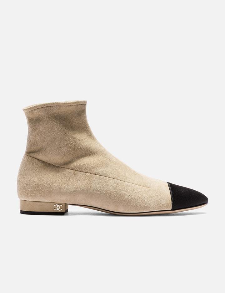 Suede &amp; Satin Cap-Toe Ankle Boots by CHANEL