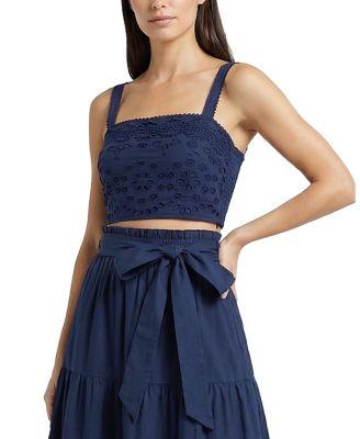Ilyssa Eyelet Embroidered Square Neck Smocked Crop Top by CHANGE OF SCENERY