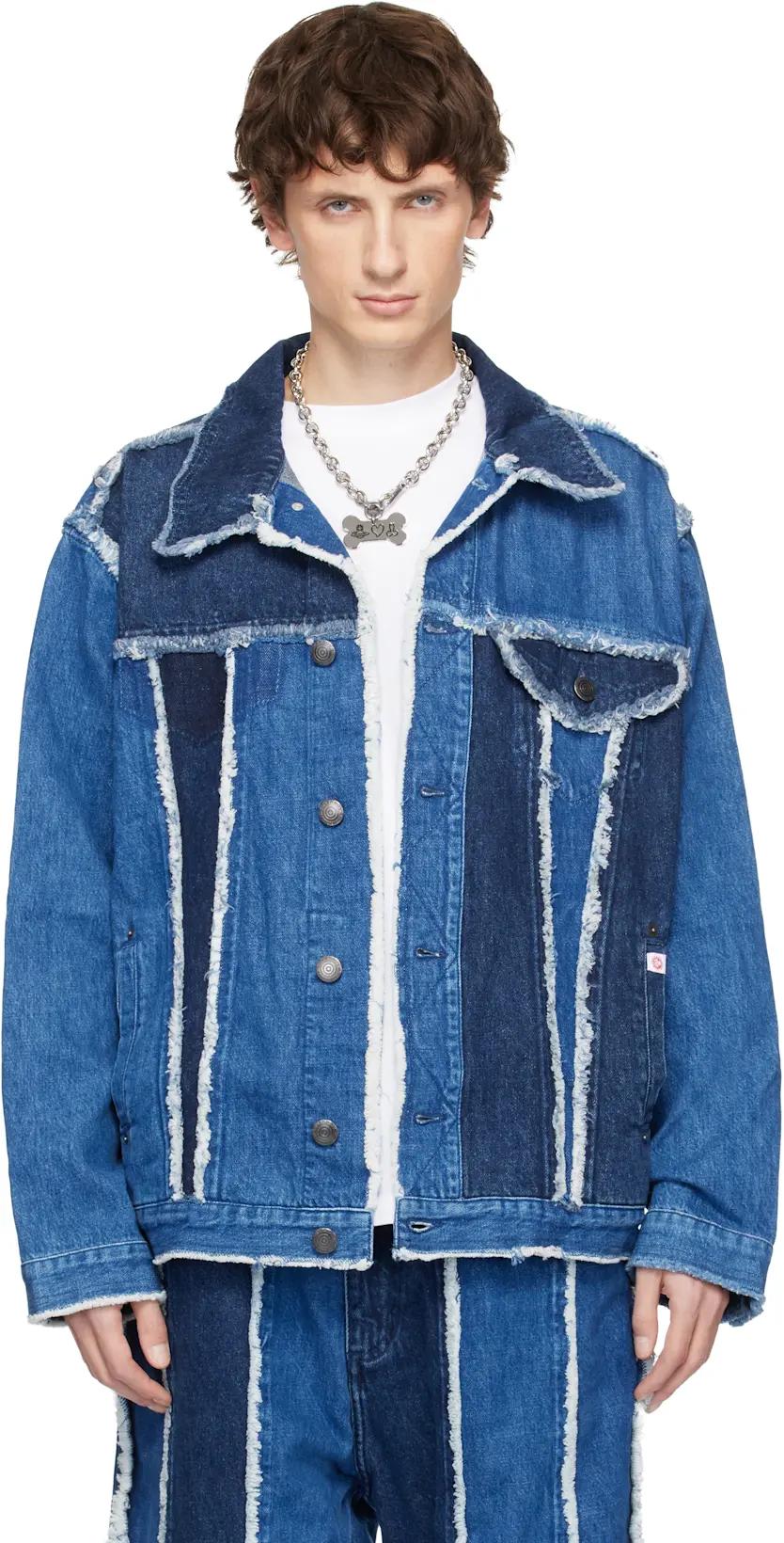 Blue Clash of Clans Edition Frayed Stripe Denim Jacket by CHARLES JEFFREY LOVERBOY