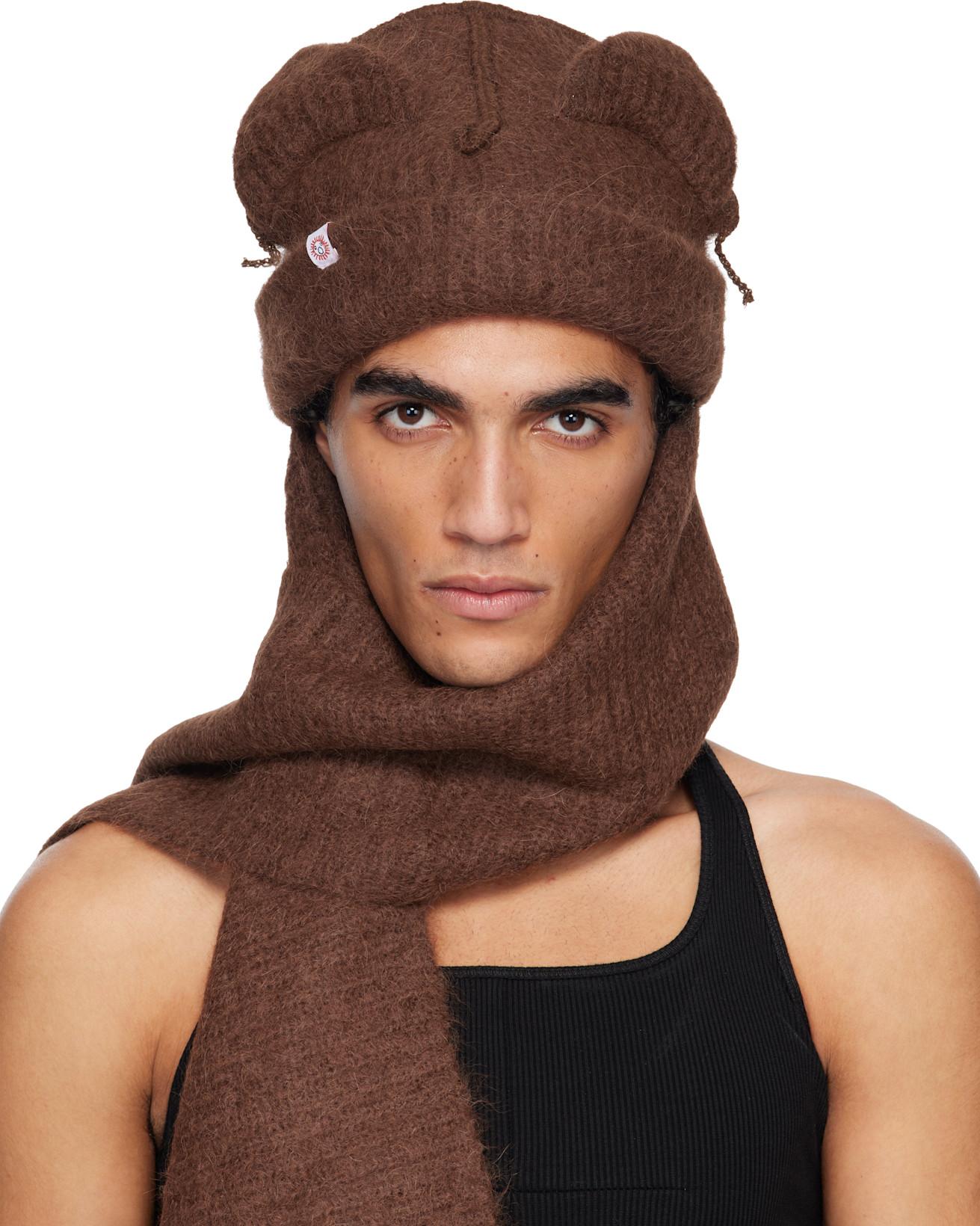 Brown Alpaca Chunky Ears Scarf Beanie by CHARLES JEFFREY LOVERBOY