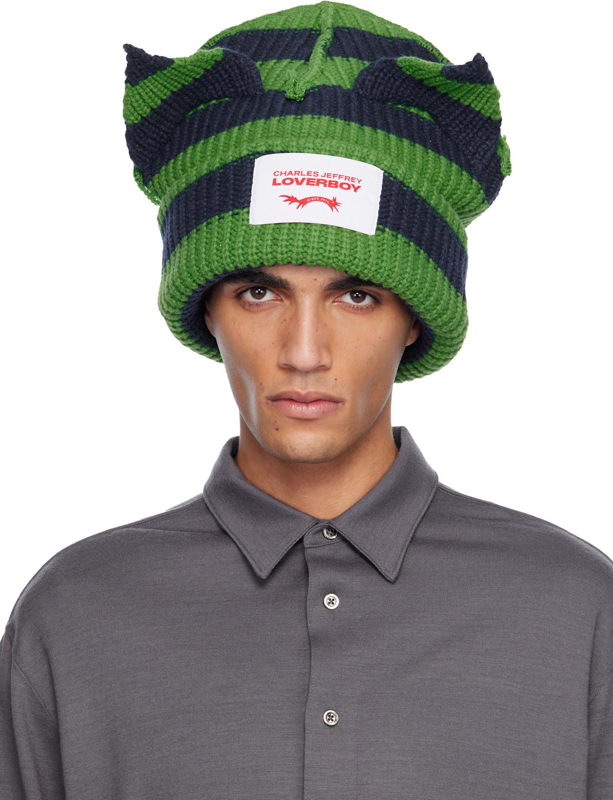 Green & Navy Supersized Chunky Ears Beanie by CHARLES JEFFREY LOVERBOY