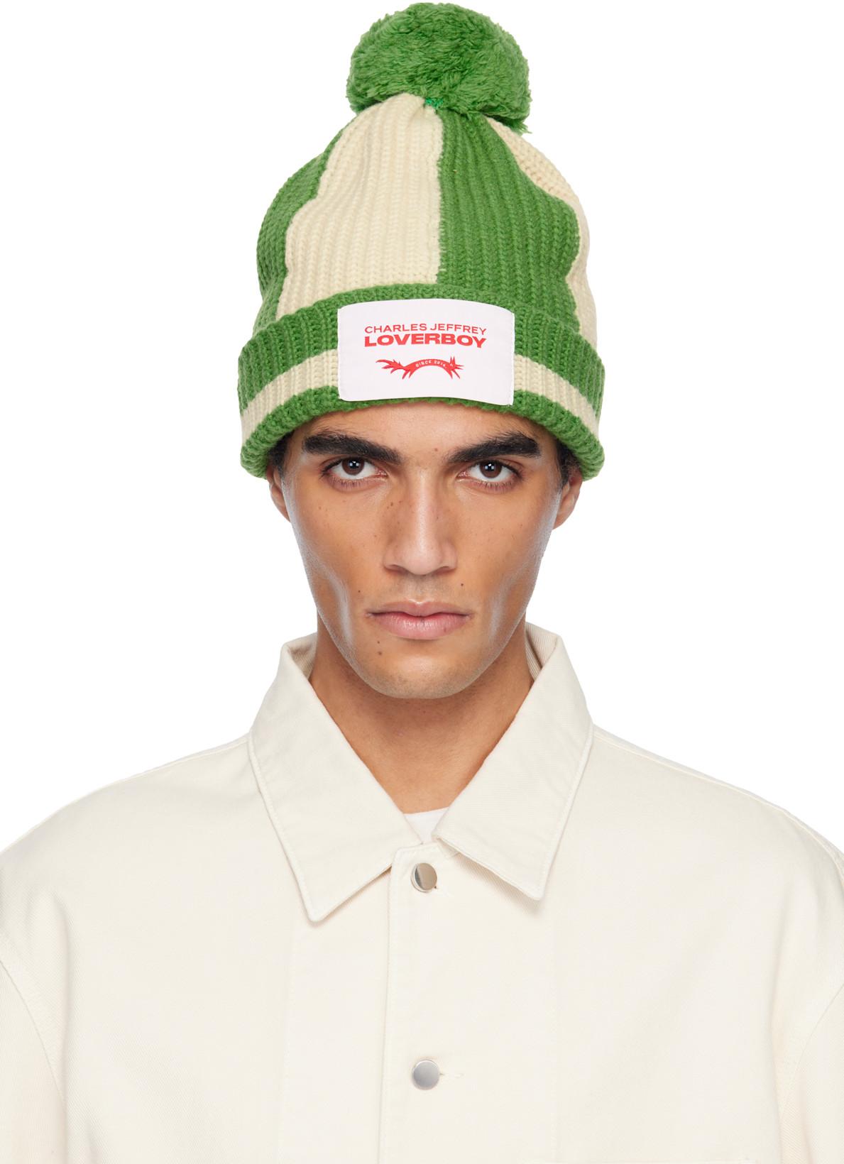 Green & Off-White Pompom Beanie by CHARLES JEFFREY LOVERBOY