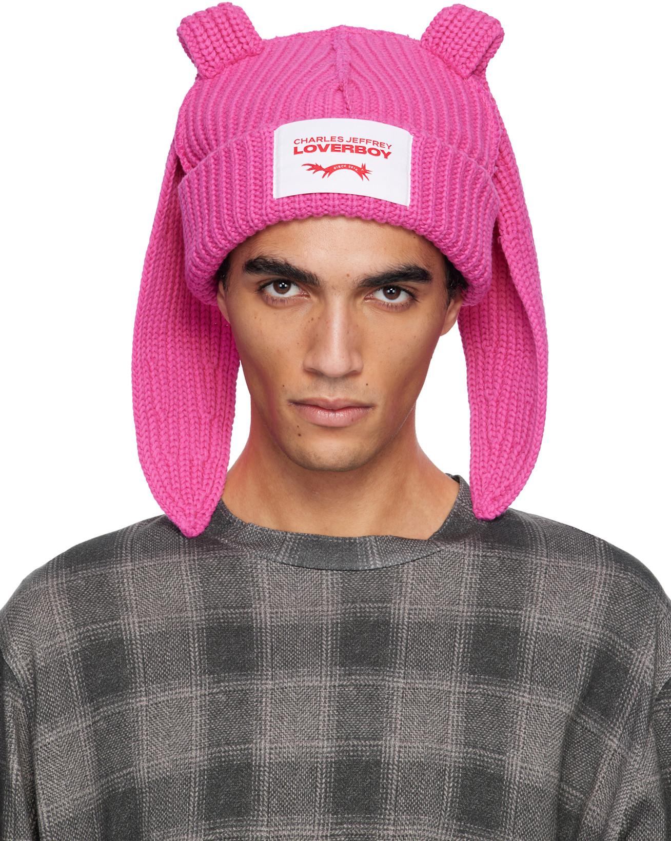 Pink Chunky Rabbit Beanie by CHARLES JEFFREY LOVERBOY