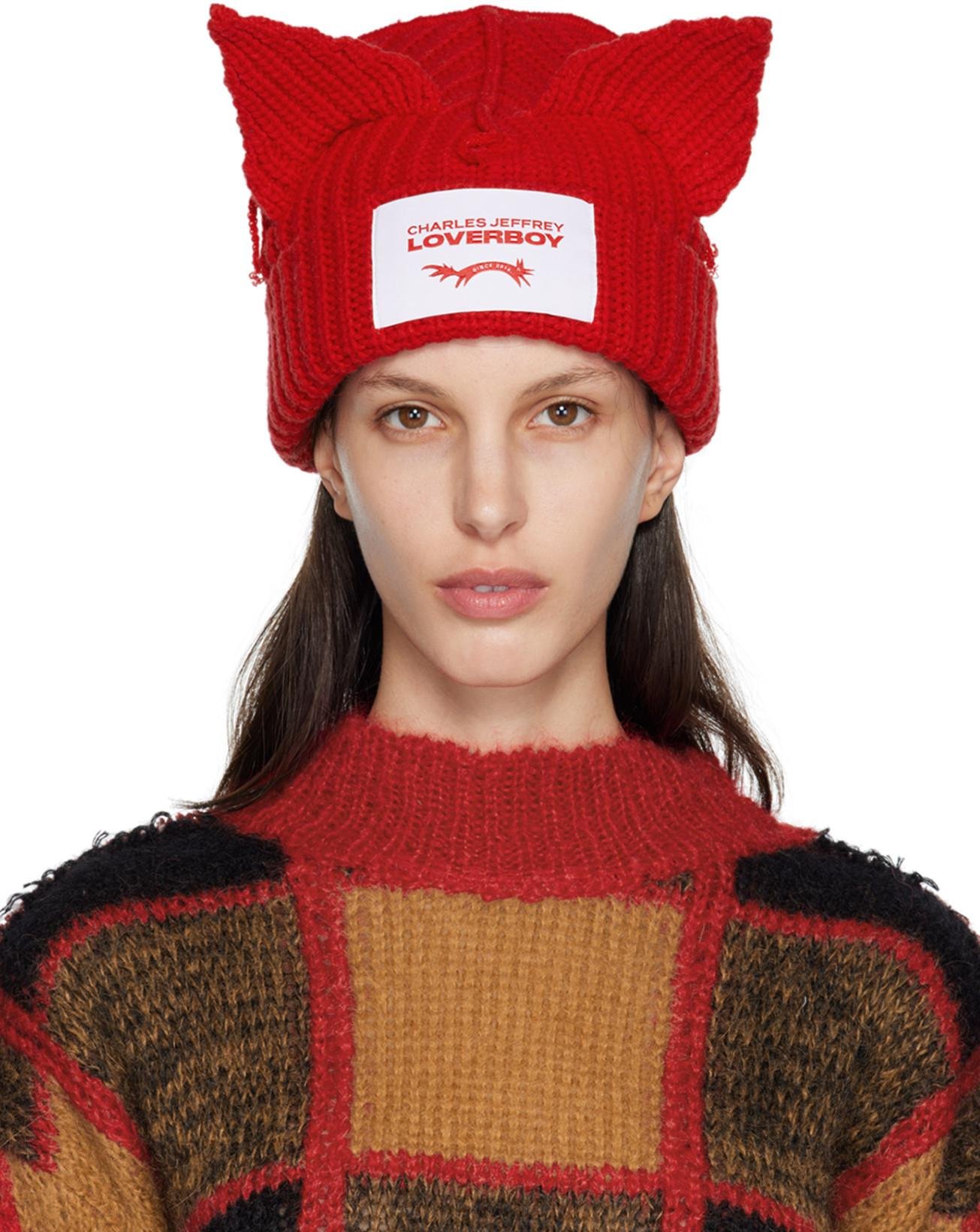 Red Chunky Ears Beanie by CHARLES JEFFREY LOVERBOY