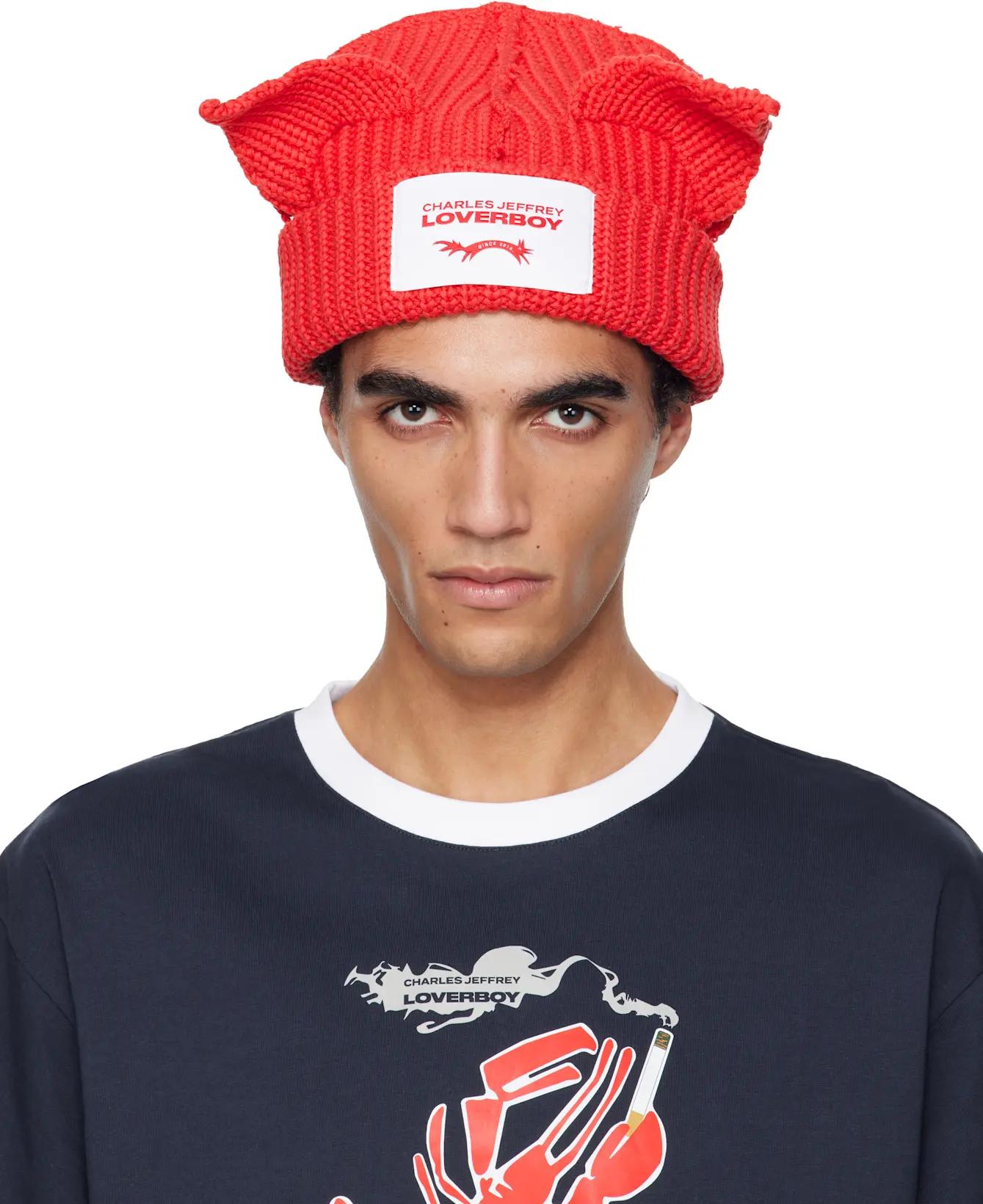 Red Chunky Ears Beanie by CHARLES JEFFREY LOVERBOY