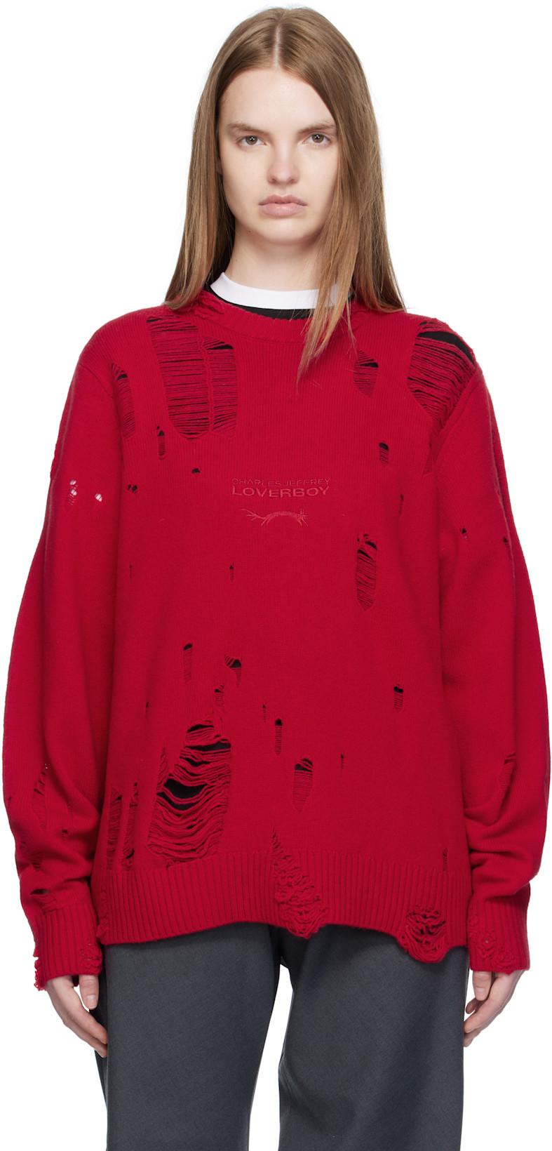 Red Distressed Logo Sweater by CHARLES JEFFREY LOVERBOY