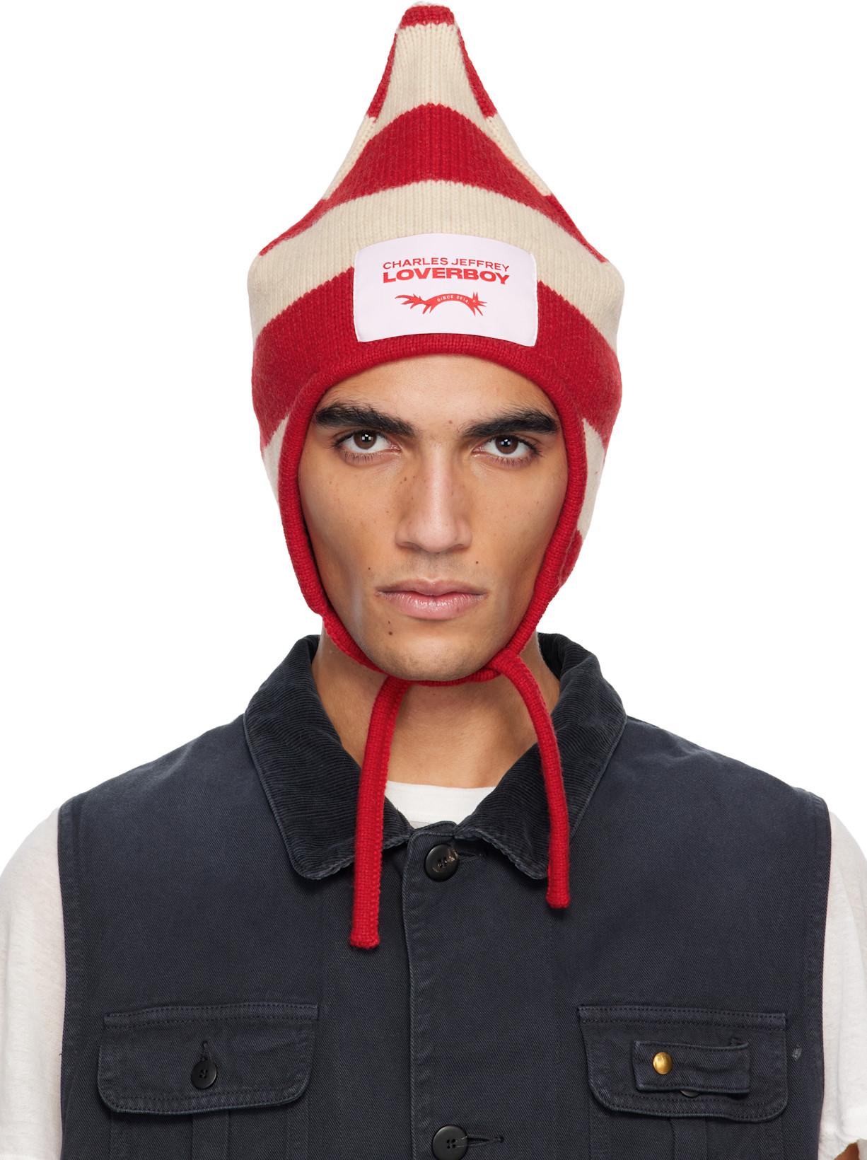 Red & Off-White Spike Bonnet Beanie by CHARLES JEFFREY LOVERBOY