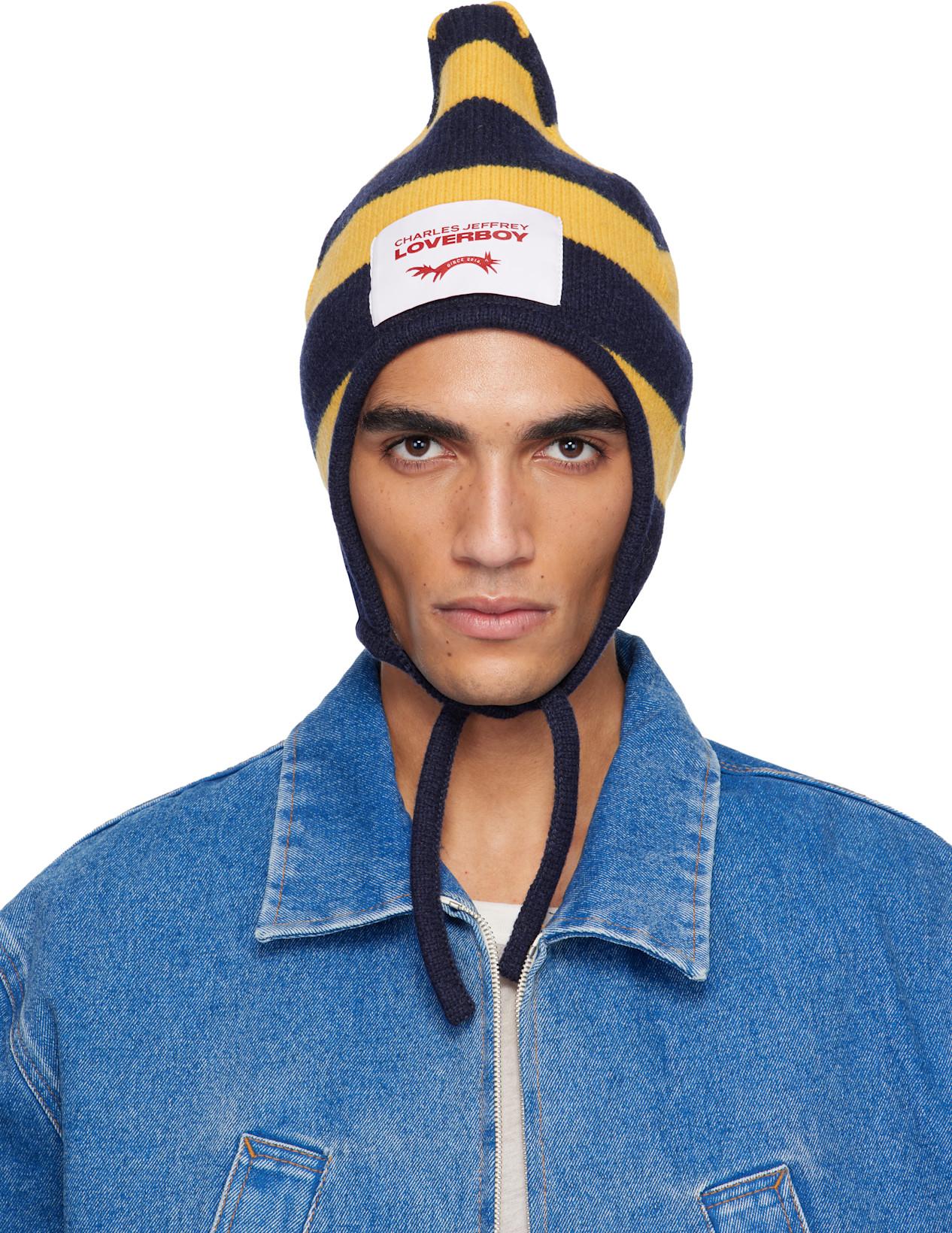 Yellow & Navy Spike Bonnet Beanie by CHARLES JEFFREY LOVERBOY
