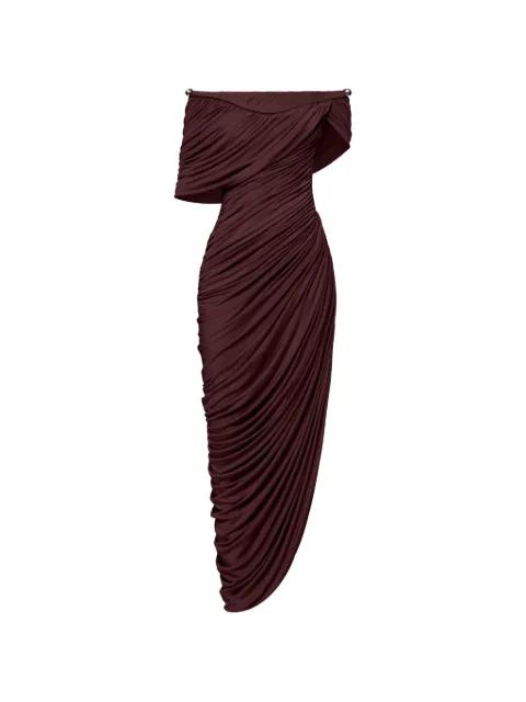 Thalyn off-shoulder draped midi dress by CHATS BY C.DAM