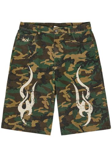 Tribal camo-printed denim shorts by CHEW FOREVER