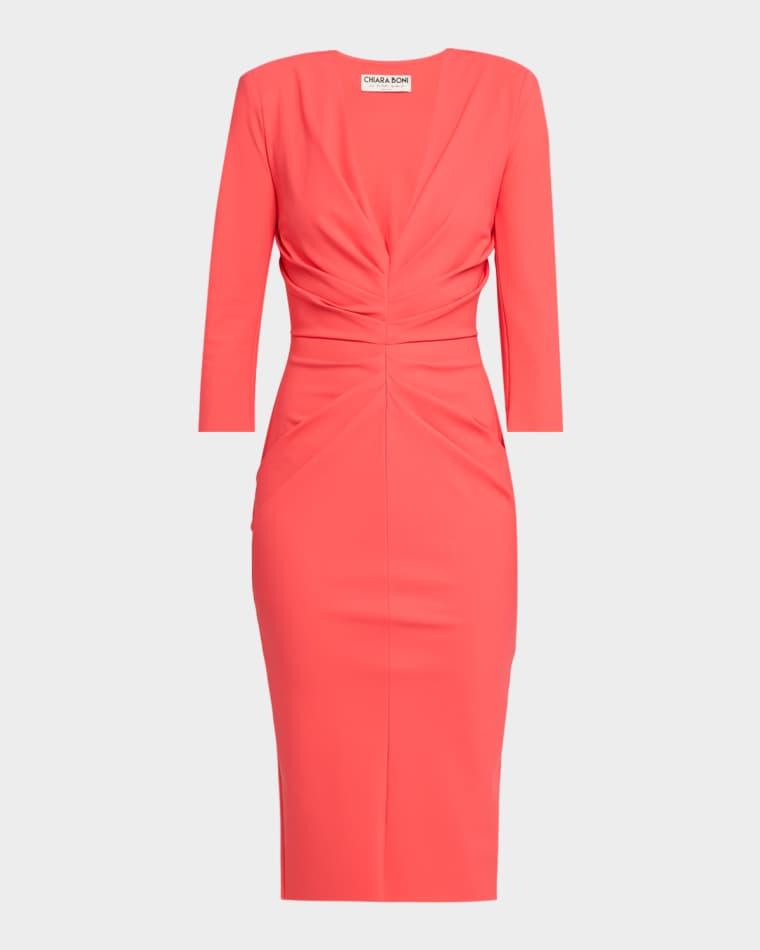 Azula Pleated Deep V-Neck Midi Sheath Dress by CHIARA BONI LA PETITE ROBE