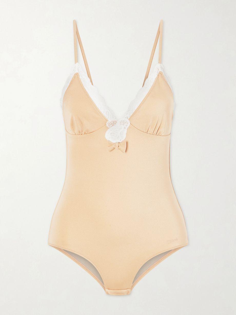 Bow-detailed lace-trimmed stretch-jersey bodysuit by CHLOE