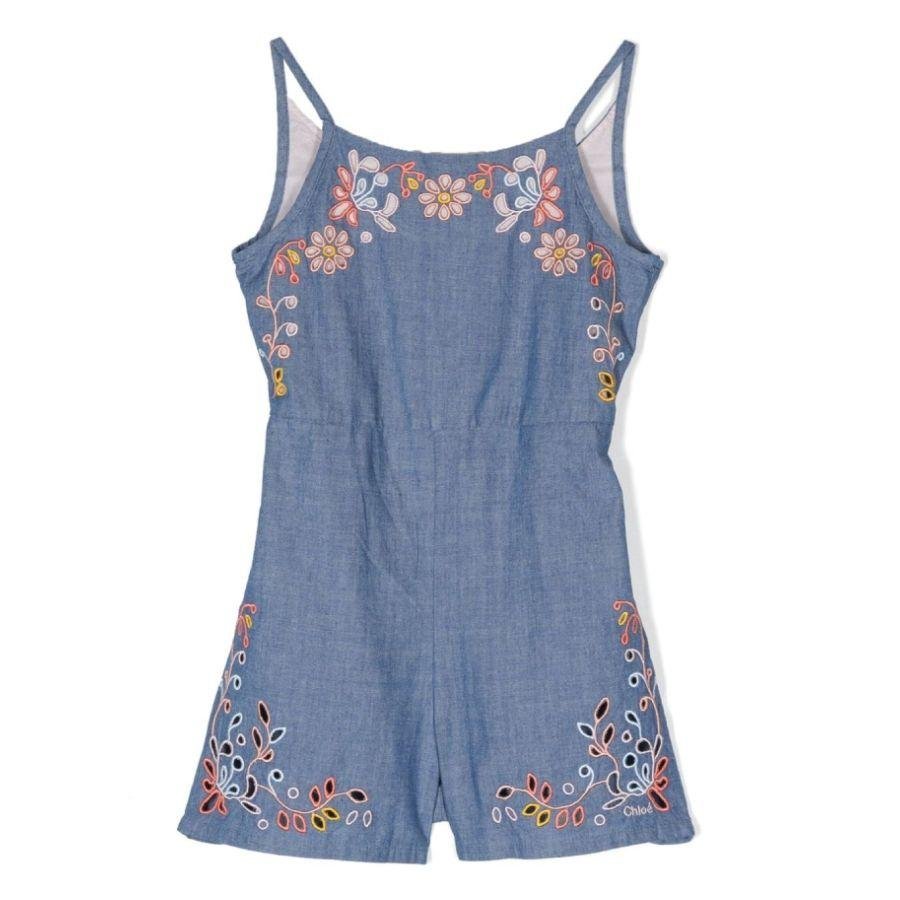Chloe Girls Chambray Cotton Floral-Embroidered Denim Romper by CHLOE