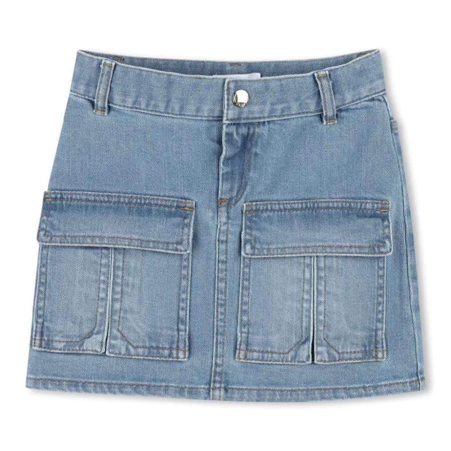Chloe Girls Washed Denim Mini Pocket Skirt by CHLOE