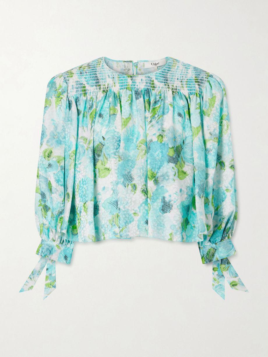 Cropped smocked floral-print silk-jacquard blouse by CHLOE