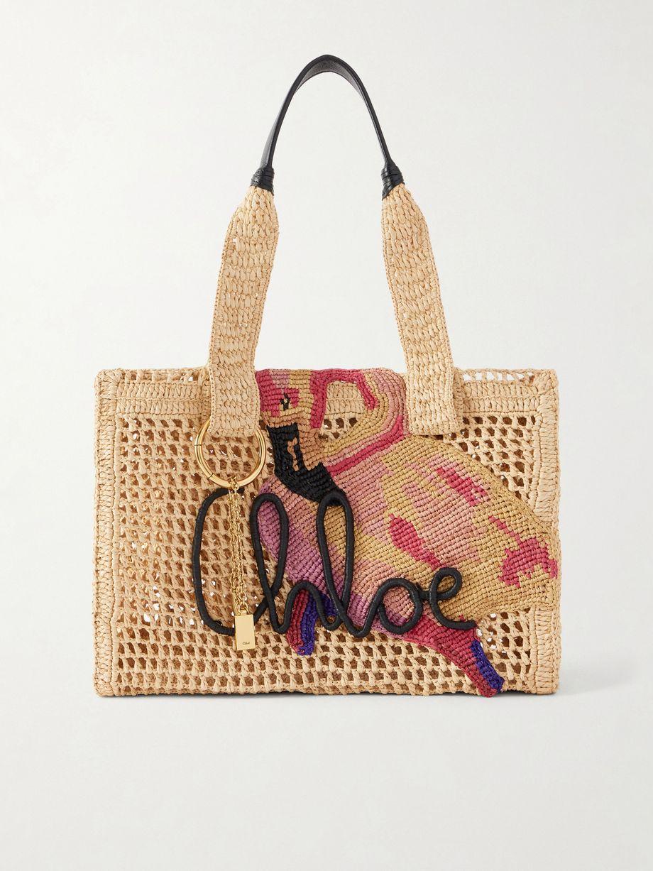 Embellished leather-trimmed raffia tote bag by CHLOE