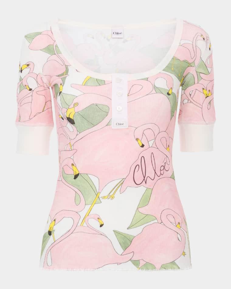 Flamingo Print Stretch Cotton Top by CHLOE