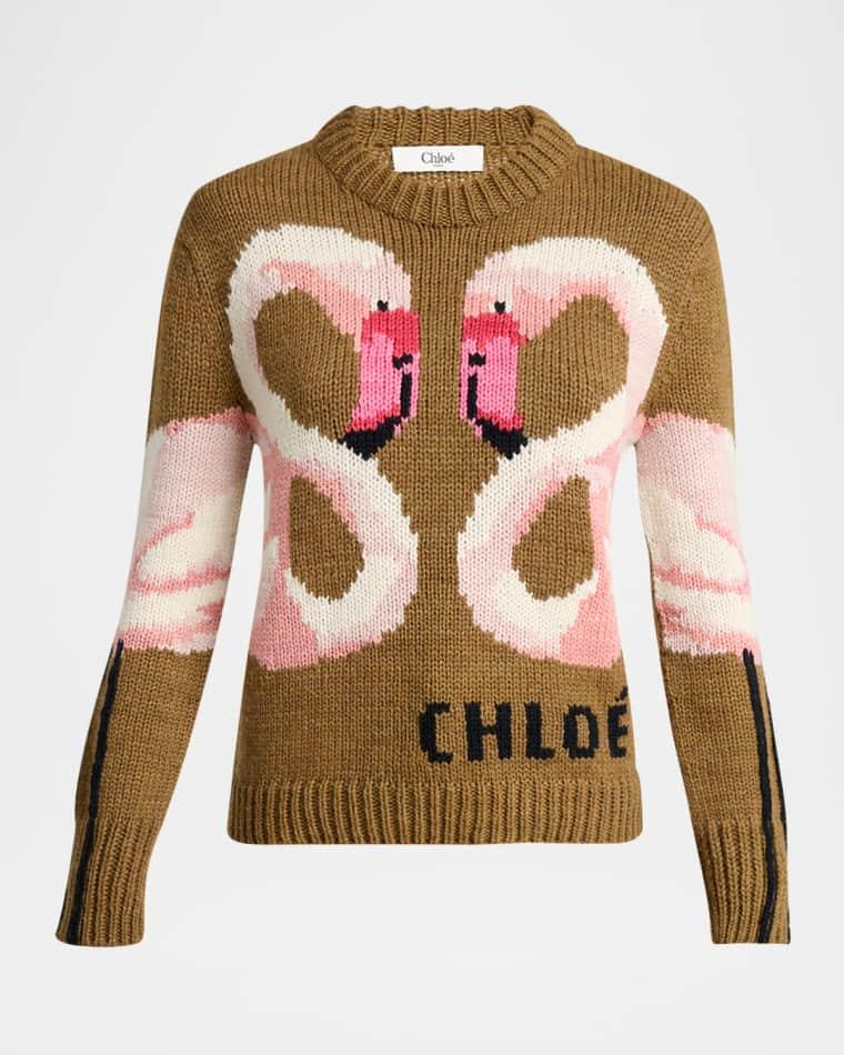 Flamingo Wool Knit Crewneck Sweater by CHLOE