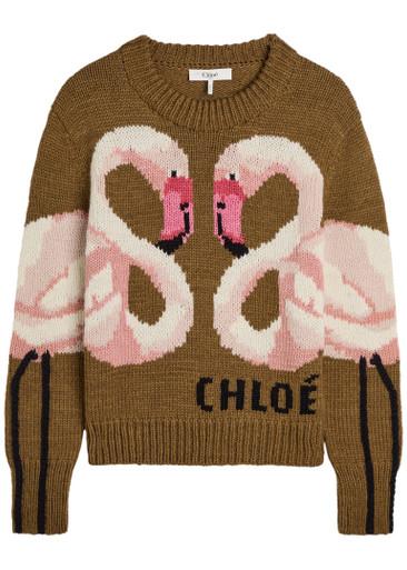 Flamingo and logo-intarsia wool jumper by CHLOE