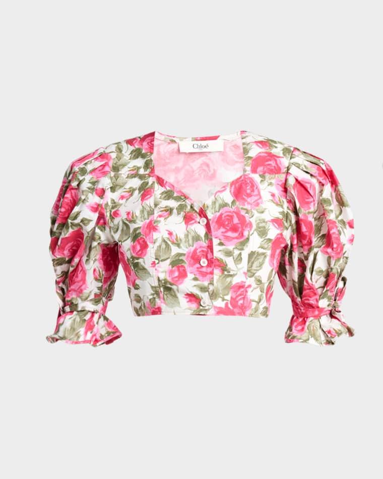 Floral Cotton Puff-Sleeve Button-Front Crop Top by CHLOE