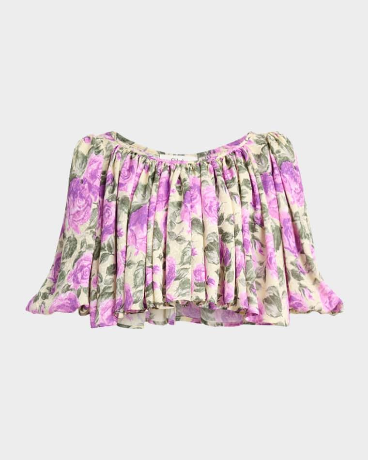 Floral Silk Puff-Sleeve Ruffle Crop Top by CHLOE