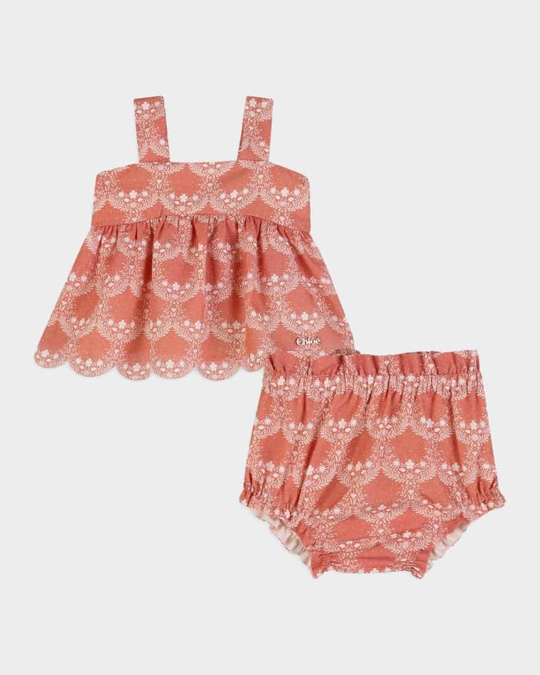 Girl's Scalloped Floral Blouse & Bloomers Set, Size 3M-18M by CHLOE