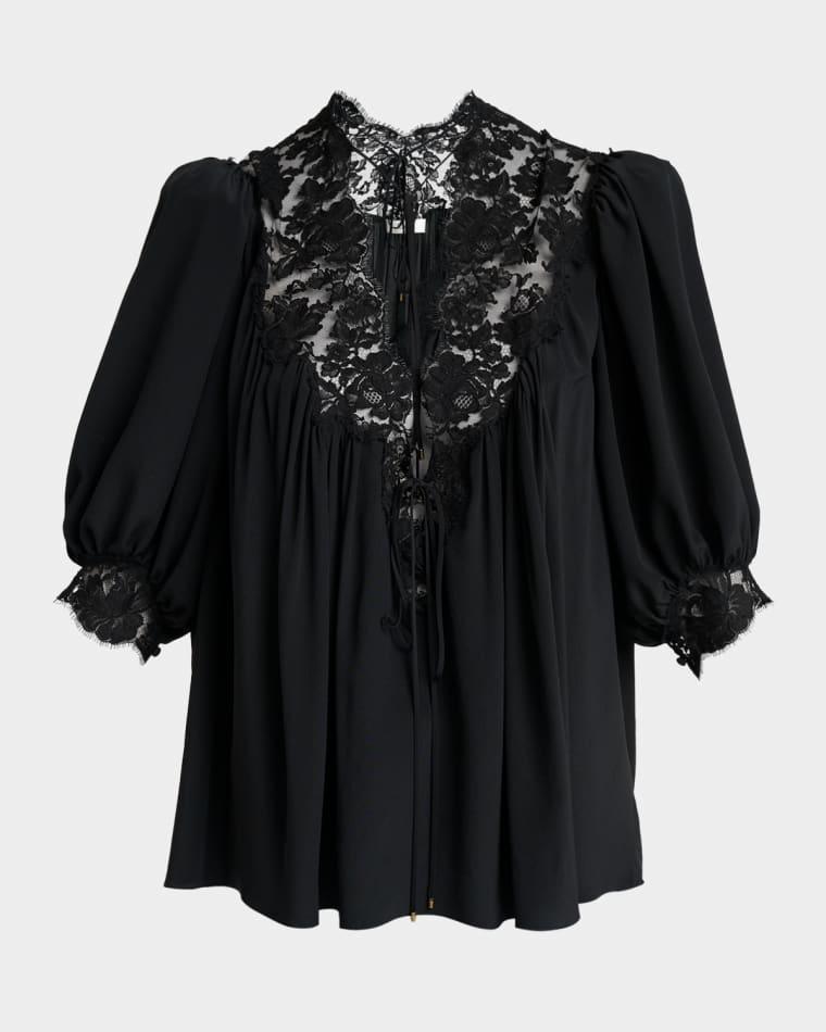 Lace-Trim Puff-Sleeve Organic Silk Crepe De Chine Top by CHLOE