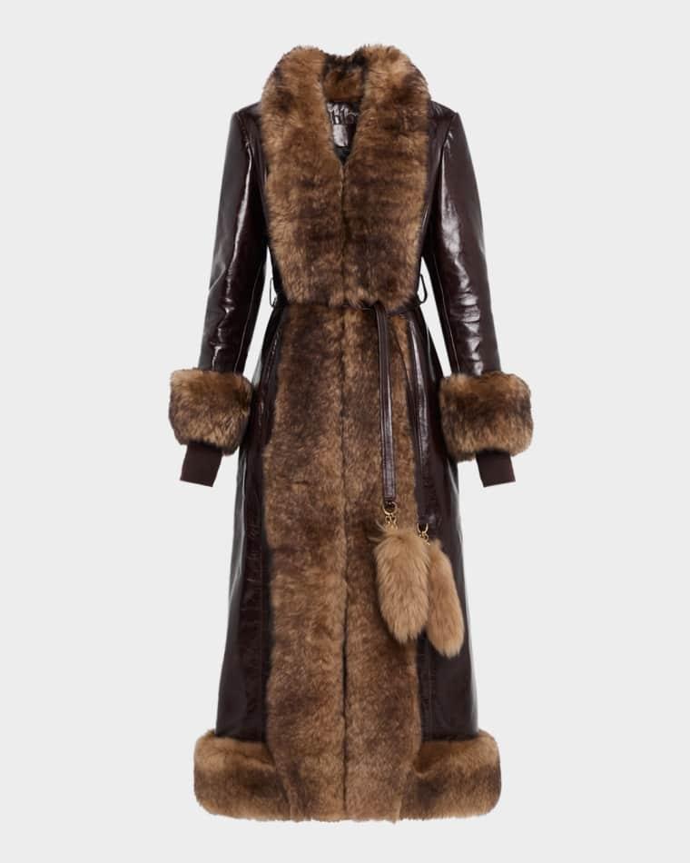 Lamb Shearling-Trim Shiny Leather Long Coat by CHLOE Lamb Shearling-Trim Shiny Leather Long Coat by CHLOE