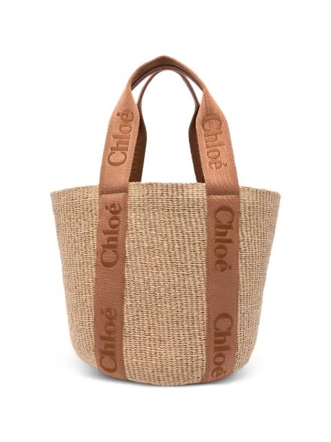 Large Woody raffia logo tote bag by CHLOE