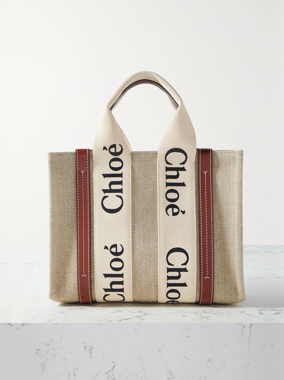 + NET SUSTAIN Woody small embroidered leather-trimmed linen tote by CHLOE