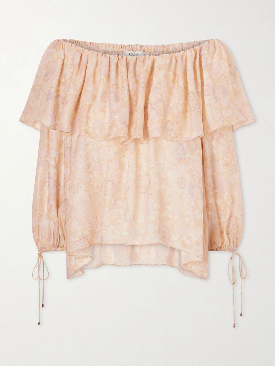 Off-the-shoulder ruffled floral-print silk-charmeuse blouse by CHLOE