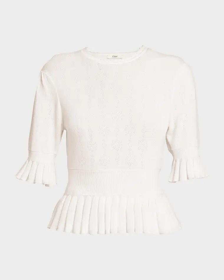 Short-Sleeve Pointelle Kit Ruffle Crewneck Sweater by CHLOE