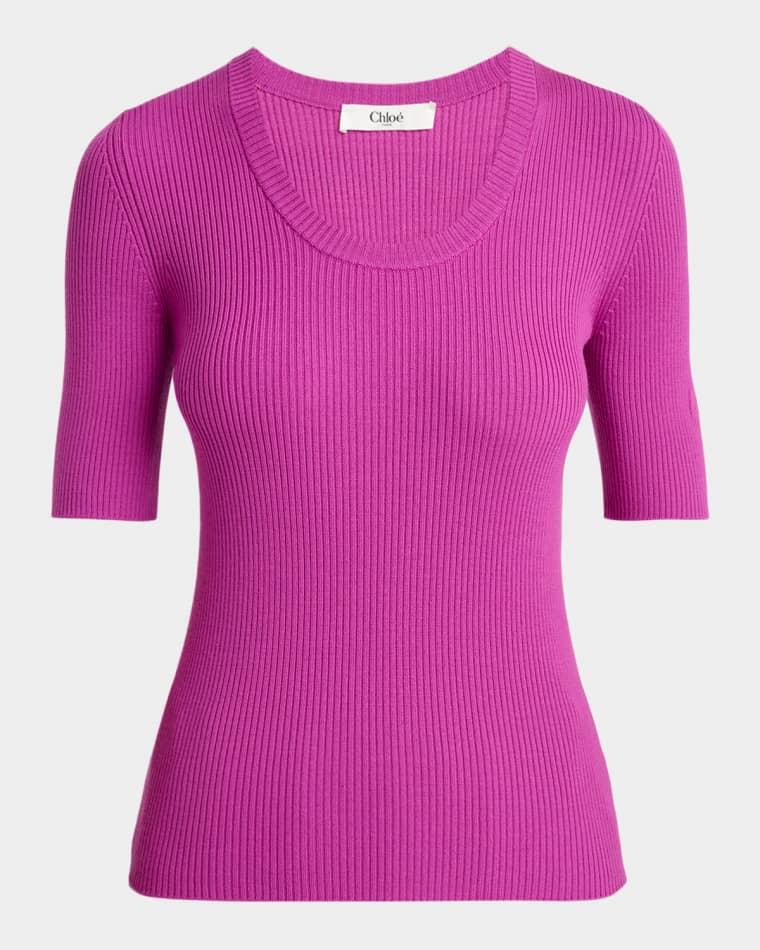 Short-Sleeve Ribbed Scoop-Neck Sweater by CHLOE
