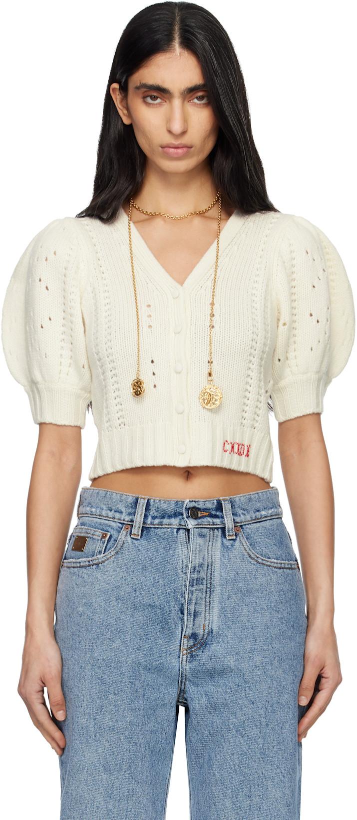 White Puff-Sleeve Wool & Cashmere Knit Cardigan by CHLOE