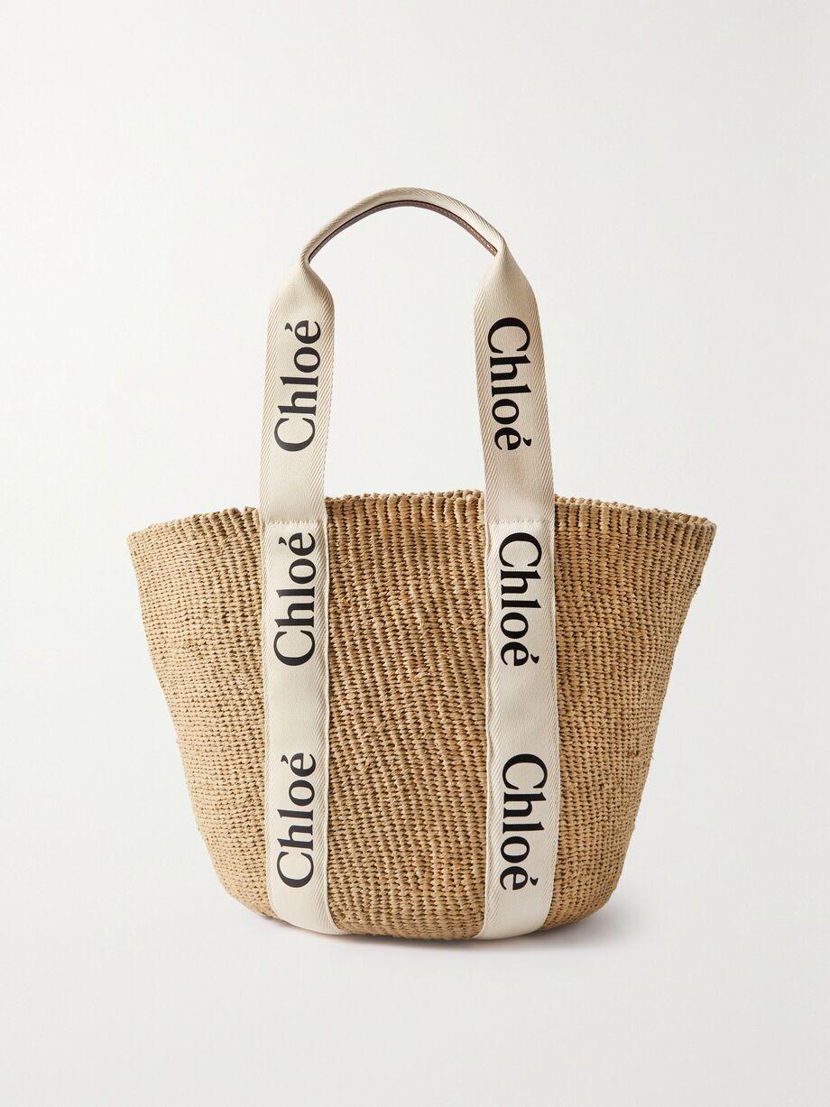 Woody large leather-trimmed raffia tote by CHLOE