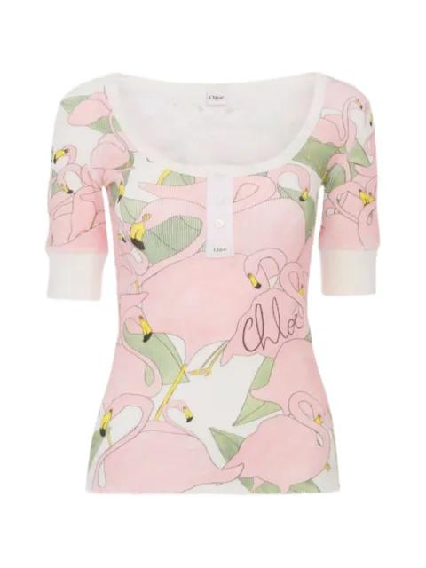 flamingo-print T-shirt by CHLOE