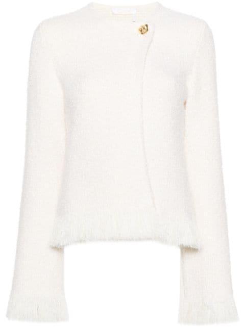 frayed-detail bouclé tweed jacket by CHLOE