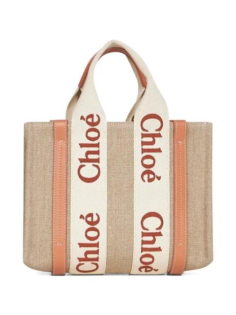 small Woody logo-detail linen tote bag by CHLOE